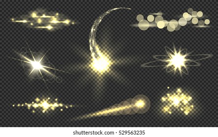 Golden glitter bokeh lights and sparkles. Shining star, sun particles and sparks with lens flare effect on transparent background, Vector illustration.