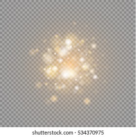 Golden glitter bokeh lights and sparkles. Shining star, sun particles and sparks with lens flare effect on transparent background