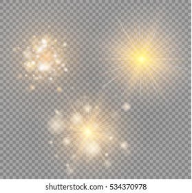 Golden glitter bokeh lights and sparkles. Shining star, sun particles and sparks with lens flare effect on transparent background