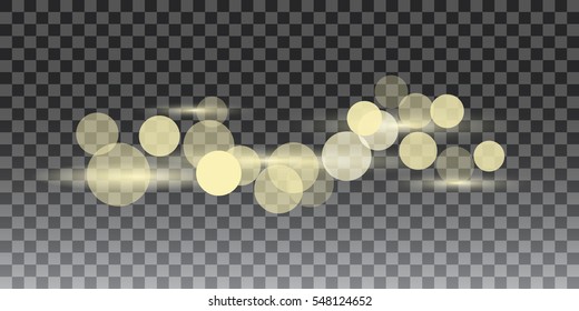 Golden glitter bokeh lights and sparkles. Shining star, sun particles and sparks with lens flare effect on transparent background, Vector illustration.