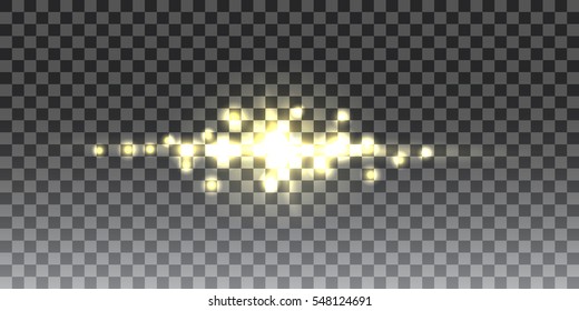 Golden glitter bokeh lights and sparkles. Shining star, sun particles and sparks with lens flare effect on transparent background, Vector illustration.