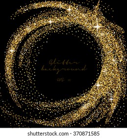 Golden glitter border background. Tinsel shiny black backdrop. Luxury gold template. Vector