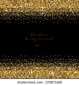 Golden glitter border background. Tinsel shiny black backdrop. Luxury gold template. Vector