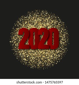 Golden glitter of bright particles 2020 on a black background. Element of festive design. Christmas and New Year.