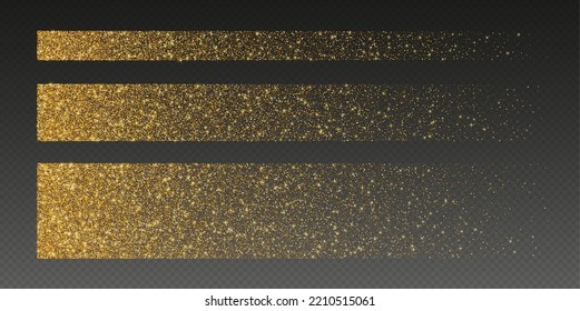 Golden glitter brush strokes, shiny star dust lines, luxury shimmery particles isolated on a dark background. Christmas decoration. Vector illustration.