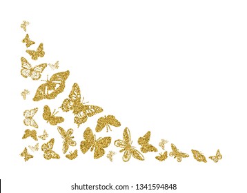 Golden glitter butterfly silhouettes kite texture in corner on white. Elegant butterflies hover theme vector in gold. Cool insect soar backdrop for invitation, fashion, luxury. Vector illustration.