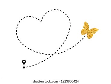 Golden glitter butterfly vector with heart shaped dotted path line