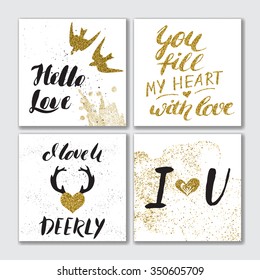 Golden glitter cards with hand painted brush pen modern calligraphy for valentines day, birthday, save the date invitation.