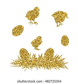Golden glitter chickens and eggs on white background. Hand-drawn doodle silhouette . Vector illustration.