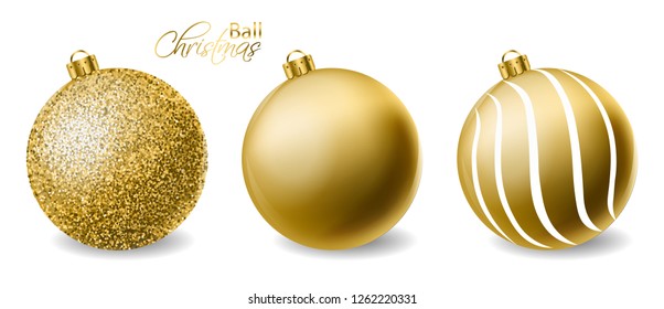 Golden glitter Christmas balls Vector realistic. Merry Christmas shiny baubles isolated. Detailed 3d elements illustration decors