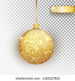 Golden glitter Christmas bauble golden glitter isolated on white. Sparkling glitter texture ball, holiday decoration. Stocking Christmas decorations.Gold hanging bauble. Vector illustration.