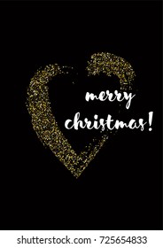 Golden Glitter Christmas Card Vector Illustration. Sparkling Celebration Lights Heart, Festive Poster Background with Lettering: Merry Christmas. Golden Frame, Cool New Year Party Invitation Template.