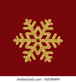 Golden glitter christmas element Snowflake for greeting cards, invitations, gifts on red background isolated vector.