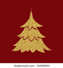 Golden glitter christmas element Tree for greeting cards, invitations, gifts on red background isolated vector.