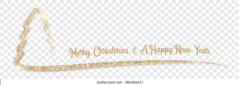 Golden glitter christmas tree line art illustration on transparent background