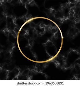 Golden glitter circle frame on black marble background. Border and design with gold sparkles. Modern glamorous Christmas card, New Year, wedding, anniversary celebration vector illustration.