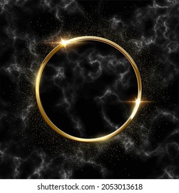 Marco de círculo dorado sobre fondo de mármol negro. Borde y diseño con chispas de oro. Moderna y glamorosa tarjeta de Navidad, Año Nuevo, boda, celebración de aniversario ilustración vectorial.