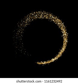 Goldener Glitzkreis glänzender Partikel wirbelt. Abstrakte Spinnerei mit glattem Glanz, Konfetti-Hintergrund für Luxuskosmetik oder Weihnachtsdesign