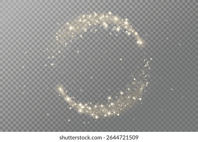 Golden glitter circle with sparkling lights, glow, and magic dust effect. Perfect for Christmas, party designs, celebration banners, and festive overlays. Remove transparent background in vector file.