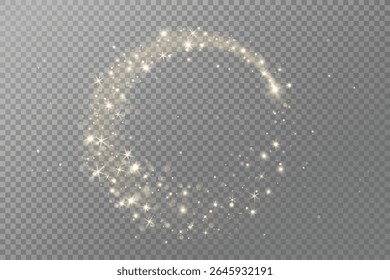 Golden glitter circle with sparkling lights, glow, and magic dust effect. Perfect for Christmas, party designs, celebration banners, and festive overlays. Remove transparent background in vector file.