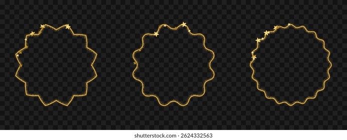 Golden glitter circle with wavy edge and stars. Elegant thin frame for celebration template or badge.Vector illustration on transparent background