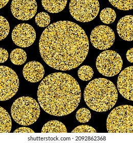 Golden glitter circles texture vector seamless pattern. Bright gold confetti polka dot over black background.