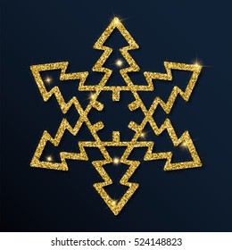 Golden glitter comely snowflake. Luxurious christmas design element with golden glitter snowflake, golden dust and sparkles. Golden snowflake vector illustration.