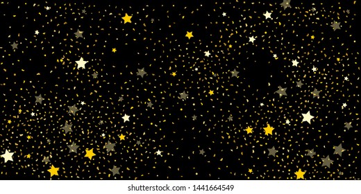 Golden glitter confetti. Abstract design element. Christmas, new year celebration holiday background. Invitation background. Gold glitter star. Christmas light background.