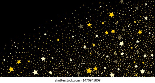 Golden glitter confetti. Abstract design element. Christmas, new year celebration holiday background. Invitation background. Gold glitter star. Christmas light background.