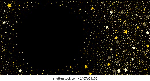 Golden glitter confetti. Abstract design element. Christmas, new year celebration holiday background. Invitation background. Gold glitter star. Christmas light background.
