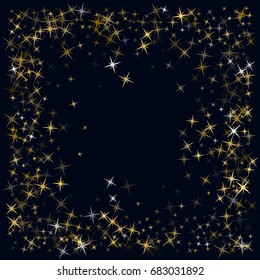 Golden glitter confetti, astral shining sparkles design. Cosmic abstract vector background with gold star dust. Decorative pattern on dark blue with golden night sky objects. Gold stars.