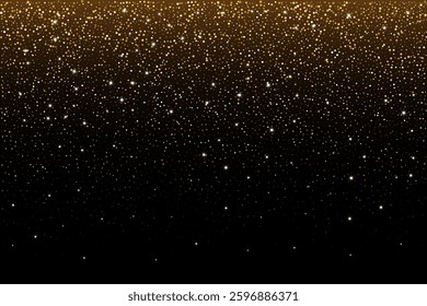 Golden glitter confetti background. Rain from gold sparkling stardust and particles on black background. Festive holiday shiny luxury poster, banner, backdrop. Vector illustration.