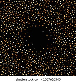 Golden glitter confetti. Fallen glitter background. Bright explosion for invitation card. Anniversary, birthday, celebration template. Elegant luxury design. Bright glitter flat illustration vector.