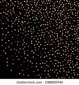 Golden glitter confetti. Fallen glitter background. Bright explosion for invitation card. Anniversary, birthday, celebration template. Elegant luxury design. Bright glitter flat illustration vector.