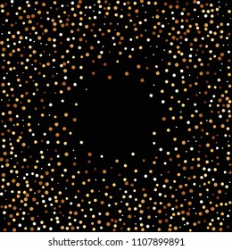 Golden glitter confetti. Fallen glitter background. Bright explosion for invitation card. Anniversary, birthday, celebration template. Elegant luxury design. Bright glitter flat illustration vector.