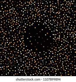 Golden glitter confetti. Fallen glitter background. Bright explosion for invitation card. Anniversary, birthday, celebration template. Elegant luxury design. Bright glitter flat illustration vector.