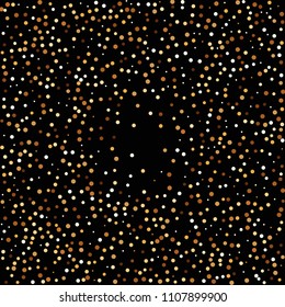Golden glitter confetti. Fallen glitter background. Bright explosion for invitation card. Anniversary, birthday, celebration template. Elegant luxury design. Bright glitter flat illustration vector.