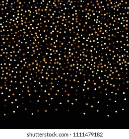 Golden glitter confetti. Fallen glitter background. Bright explosion for invitation card. Anniversary, birthday, celebration template. Elegant luxury design. Bright glitter flat illustration vector.