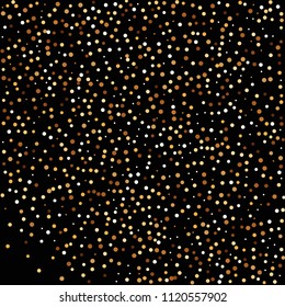 Golden glitter confetti. Fallen glitter background. Bright explosion for invitation card. Anniversary, birthday, celebration template. Elegant luxury design. Bright glitter flat illustration vector.