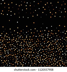 Golden glitter confetti. Fallen glitter background. Bright explosion for invitation card. Anniversary, birthday, celebration template. Elegant luxury design. Bright glitter flat illustration vector.