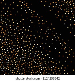 Golden glitter confetti. Fallen glitter background. Bright explosion for invitation card. Anniversary, birthday, celebration template. Elegant luxury design. Bright glitter flat illustration vector.