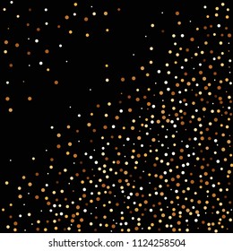 Golden glitter confetti. Fallen glitter background. Bright explosion for invitation card. Anniversary, birthday, celebration template. Elegant luxury design. Bright glitter flat illustration vector.