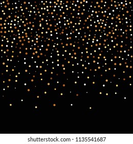Golden glitter confetti. Fallen glitter background. Bright explosion for invitation card. Anniversary, birthday, celebration template. Elegant luxury design. Bright glitter flat illustration vector.