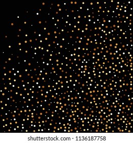 Golden glitter confetti. Fallen glitter background. Bright explosion for invitation card. Anniversary, birthday, celebration template. Elegant luxury design. Bright glitter flat illustration vector.