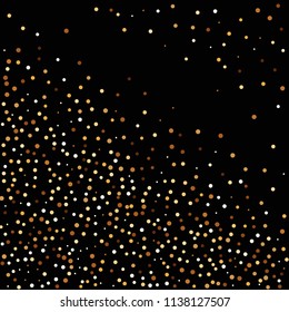Golden glitter confetti. Fallen glitter background. Bright explosion for invitation card. Anniversary, birthday, celebration template. Elegant luxury design. Bright glitter flat illustration vector.