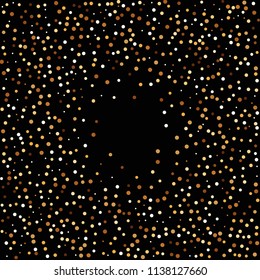 Golden glitter confetti. Fallen glitter background. Bright explosion for invitation card. Anniversary, birthday, celebration template. Elegant luxury design. Bright glitter flat illustration vector.