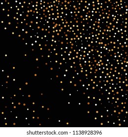 Golden glitter confetti. Fallen glitter background. Bright explosion for invitation card. Anniversary, birthday, celebration template. Elegant luxury design. Bright glitter flat illustration vector.