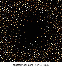 Golden glitter confetti. Fallen glitter background. Bright explosion for invitation card. Anniversary, birthday, celebration template. Elegant luxury design. Bright glitter flat illustration vector.