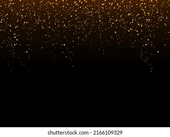 Golden glitter confetti falling on black vector background. Shining gold shimmer luxury design card. Christmas glowing snow.