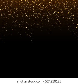 Golden glitter confetti falling on black vector background. Shining gold shimmer luxury design card. Christmas glowing snow. 